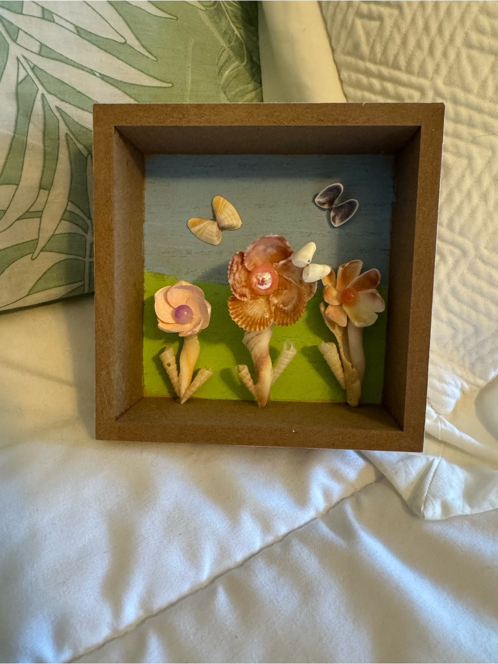 Handcrafted Seashell Flower Shadow Box - Brown Frame, Multicolor Shells